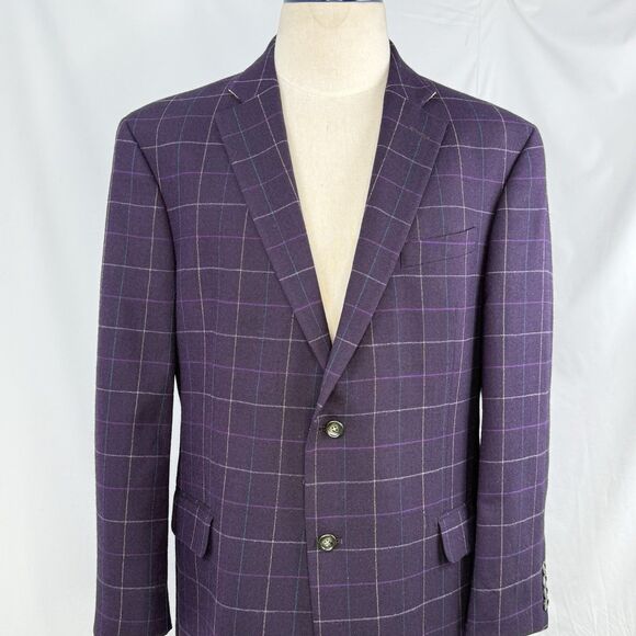 Paul Fredrick Wool Blazer Sport Coat Mens Size 43R Purple Plaid Jacket - Picture 1 of 16